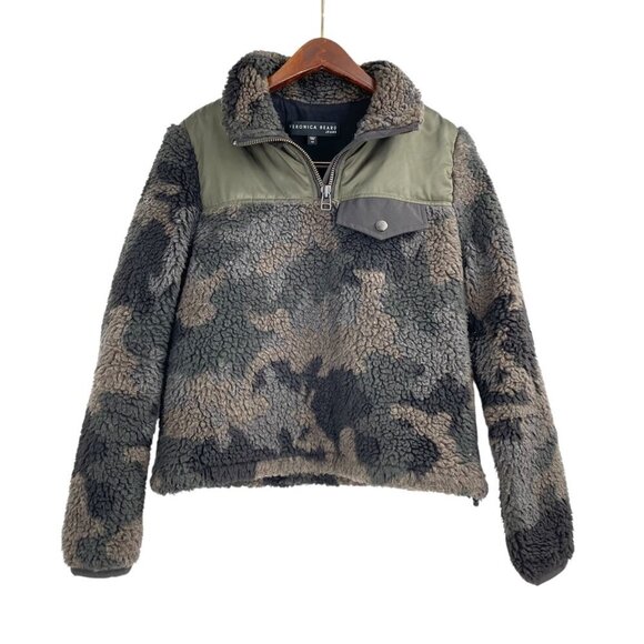 Veronica Beard Jeans Kylan Green Camo Sherpa Jacket Pullover Faux Fur Womens XS - Picture 2 of 10